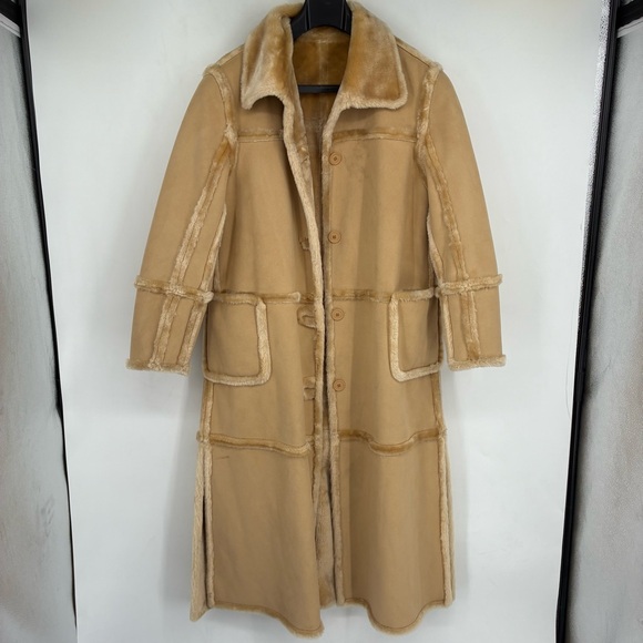 Vintage 90s Y2K Faux Fur Long Line Brown Trend Coat Button Up Teddy Brown Warm - Picture 4 of 15